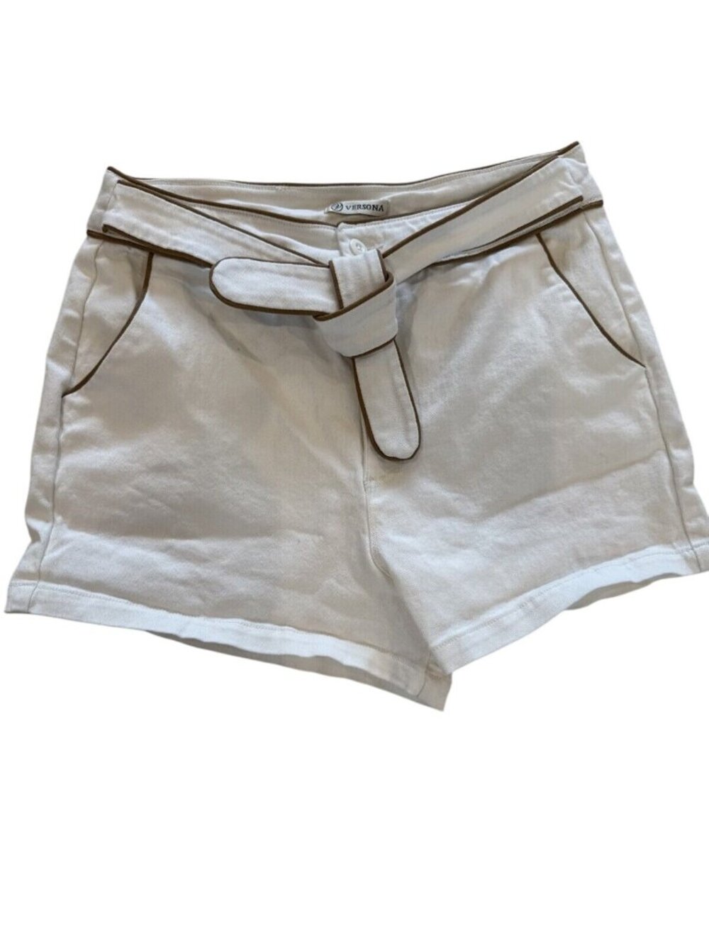 Versona Womens Modern Shorts White With Tan Piping Belted 14
